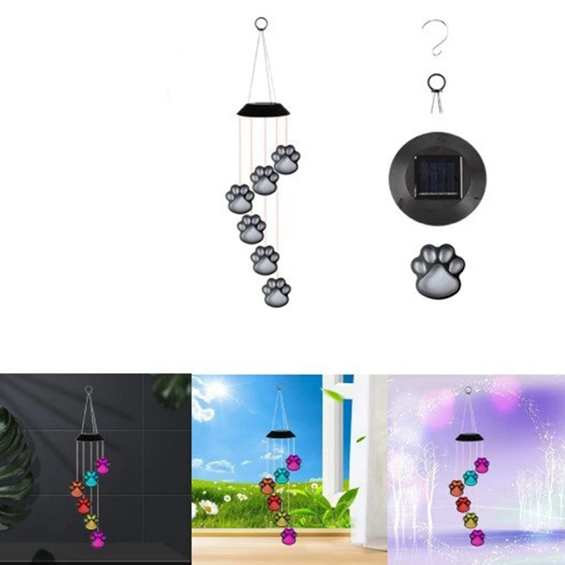 โคมไฟพลังงานแสงอาทิตย์ LED รูปอุ้งเท้าพิมพ์ลายกระดิ่งลมพลังงานแสงอาทิตย์รูปแมวสัตว์เลี้ยง IP65อุ้งเท้ากันน้ำแขวนได้