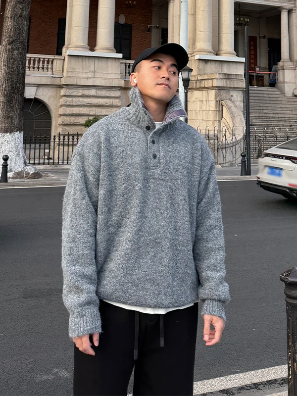 

High-End ey Long Sve Henry Collar Men's Knitwear Button Warm High Ne Korean Sle Design Autumn Winter Thermal Top