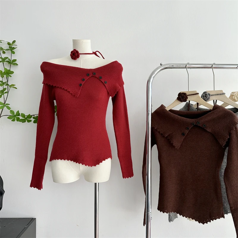 [ZOCI] Gentle Temperament, One Shoulder Knitted Sweater Irregular Sweater, Autumn Style, Slim Fit, Long Sleeved Top,