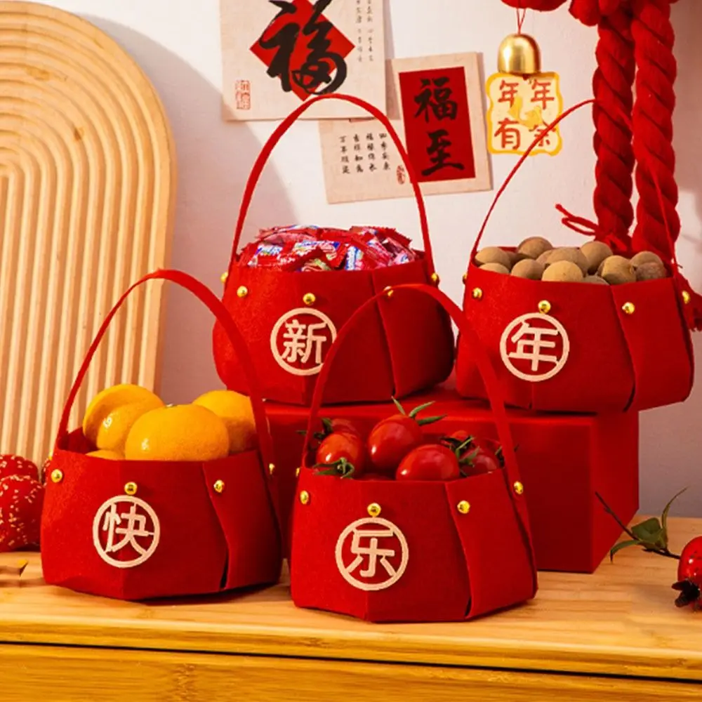 Thickened New Year Handheld Fruit Basket Felt Large -capacity Candy Storage Bag Red Chinese Style Gift Bags Spring Festival