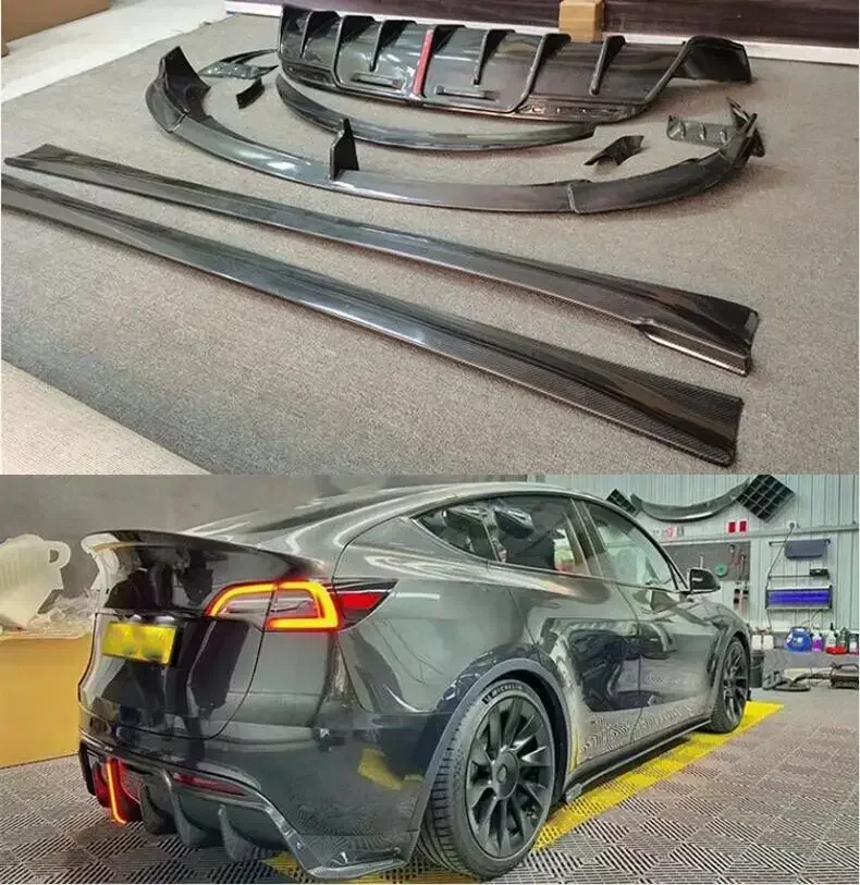 Hot! Carbon Fiber Front Bumper Lip Rear Spoiler Trunk Diffuser Side Skirt Body Full Kit For Tesla Model Y 2020 2021 2022 2023