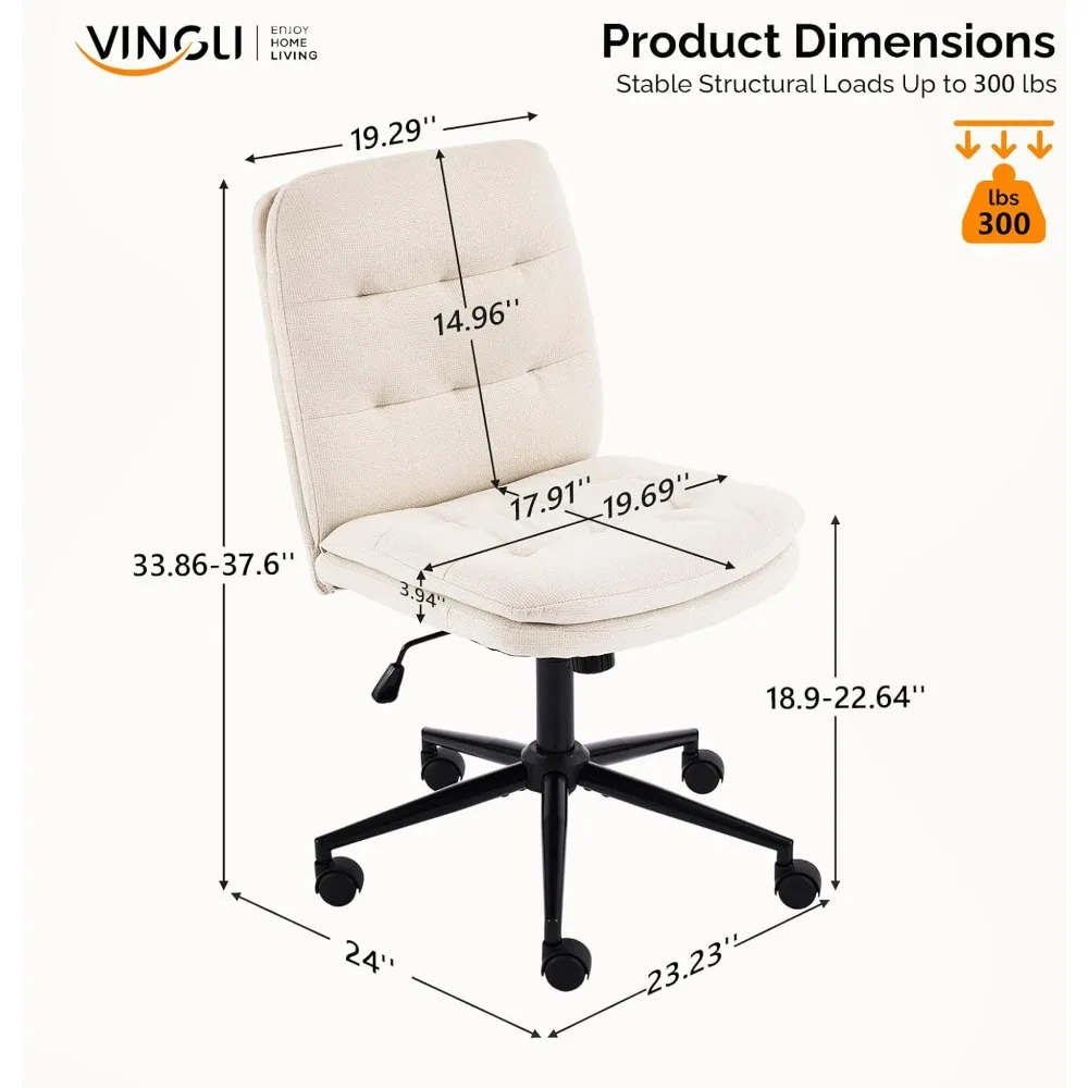 VINGLI Adjustable Height Armless Office Chair 360° Swivel Rocking Vanity Chair Thickened Cushion Linen Fabric For Home Reading