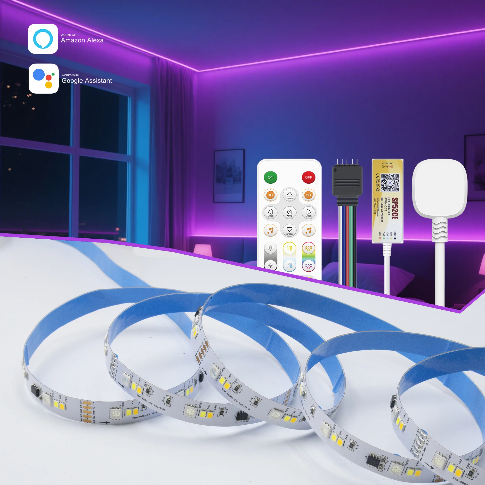 

2.4G remote control Smart RGBCCT LED Strip Light WiFi Music Sync Alexa/Google Dynamic/Static Modes DIY Timer 8mm DC24V Home