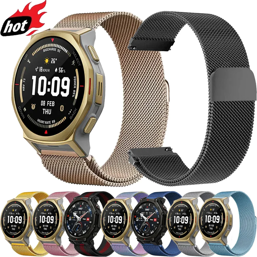 Bracelet milanais en métal 22/20mm, pour Amazfit Active 2 carré/Bip 6-5/Balance 2, Bracelet de remplacement pour Amazfit T-Rex3 Pro, bande magnétique