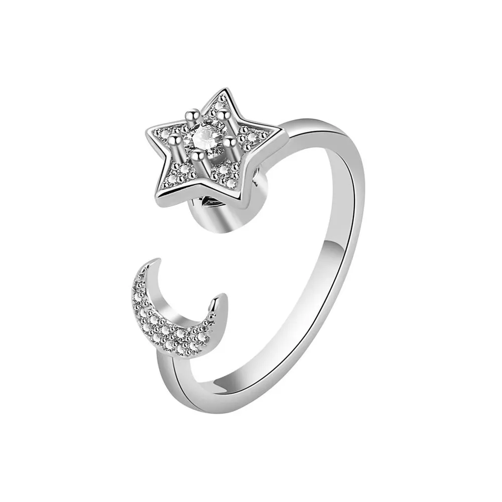 VENTFILLE 925 Sterling Silver Moon And Stars Zircon Rotatable Ring For Women Gift Diamond Relieve Stress Ring Jewelry Wholesale