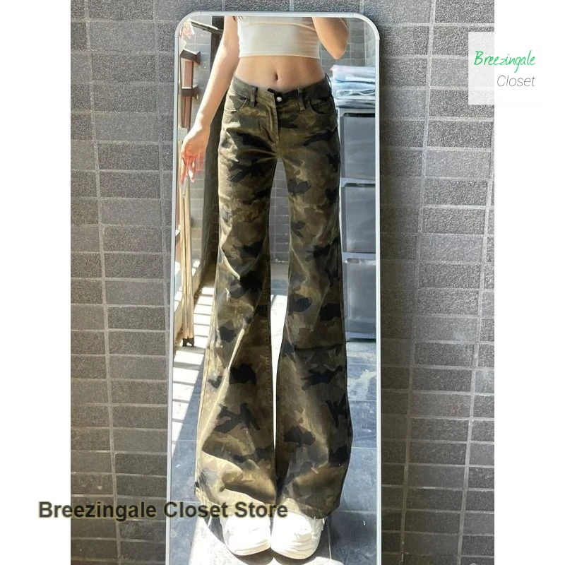 

Korean spice girls' personality tooling Camo flared jeans female summer fashion temperament Joker low waist slim flared pants.