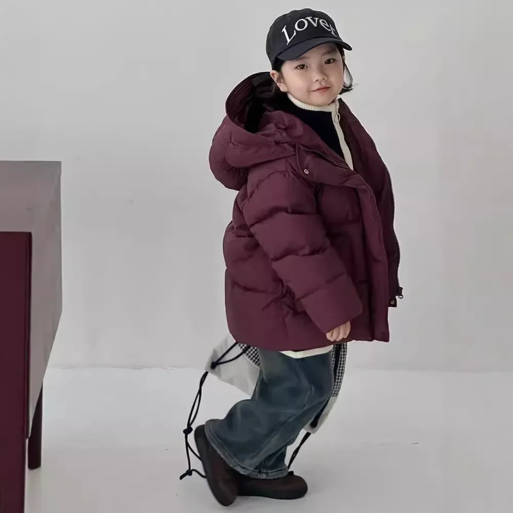 2024 Winter New Korean Girls' Angora Red Down Jacket and White Duck Down Children's Hooded Warm Coat