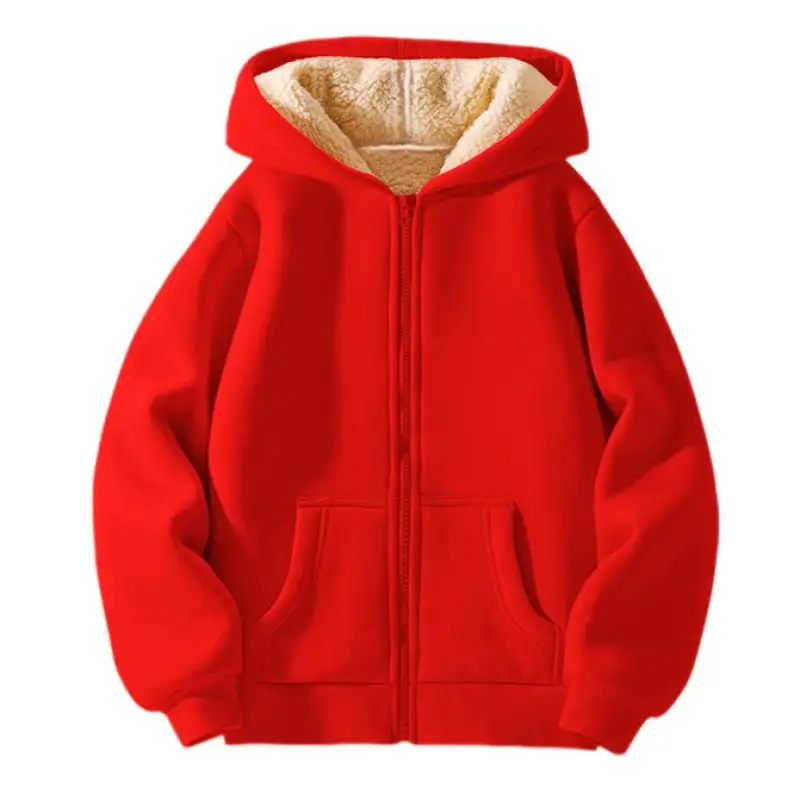Winter New Boys and Girls Solid Color Plus Thick Lamb Fleece Versatile Casual Warm Outerwear Hoodie Fashion Sports Hoodie Coat - Image 5