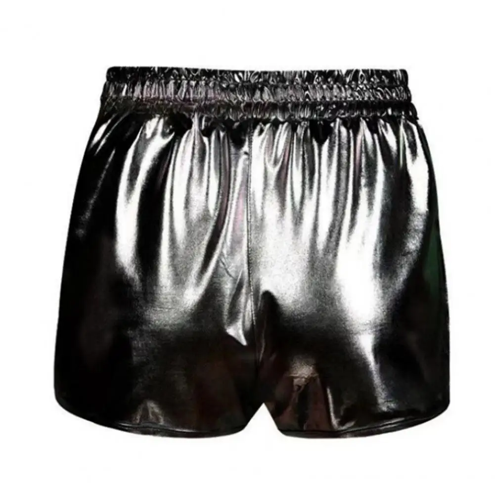 Shorts de couro sintético com bolsos de cintura alta para mulheres, shorts elegantes brilhantes, streetwear casual, moda da moda