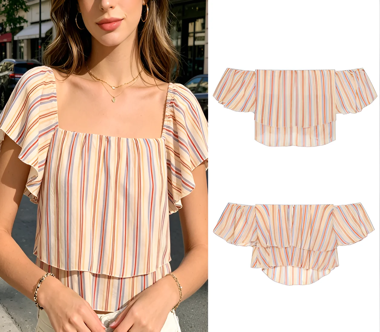

Striped Off Shoulder Blouse Women Slimming Short Sleeve Top 2026 New Style Summer Fashionable European Style Top for Lady