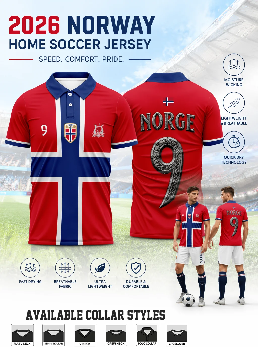 2026 Norway performance soccer polo jersey. Moisture wicking stretch fabric offers comfy experience during sports