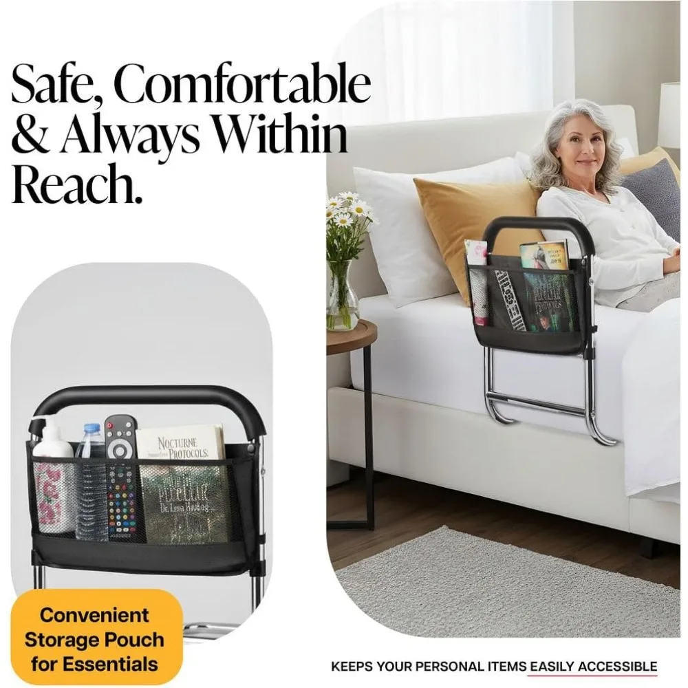 Bed Assist Rail for Seniors, ASTM Approved Safety Bar with Storage Pocket and Floor Support for Easy Bed Access
