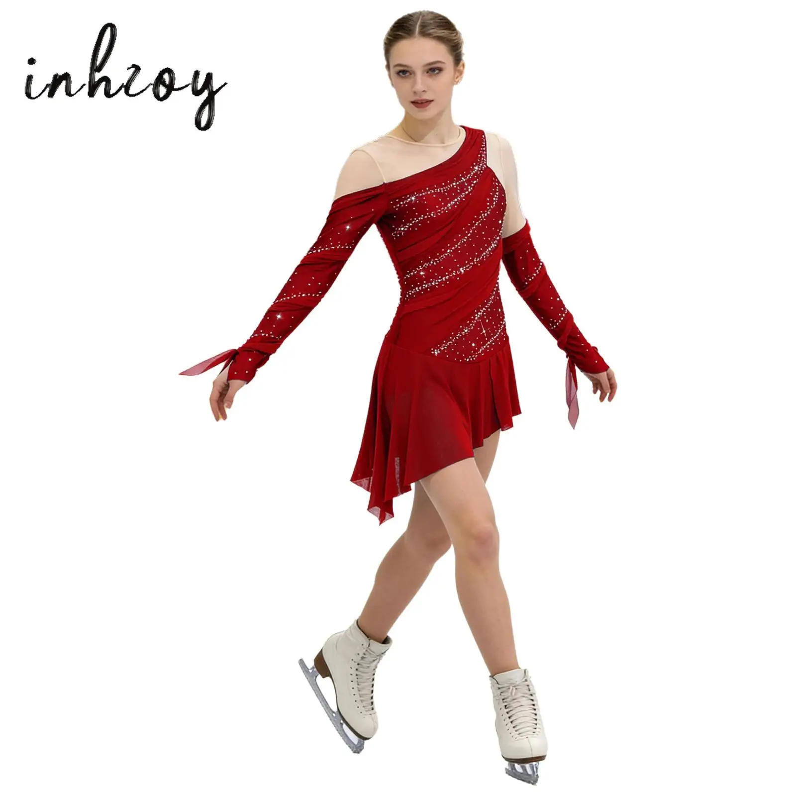 Women Ruched Contemporary Lyrical Dance Leotard Dresses Irregular Tulle Sheer Mesh Skating Ballet Gymnastics Bodysuit Dancewear