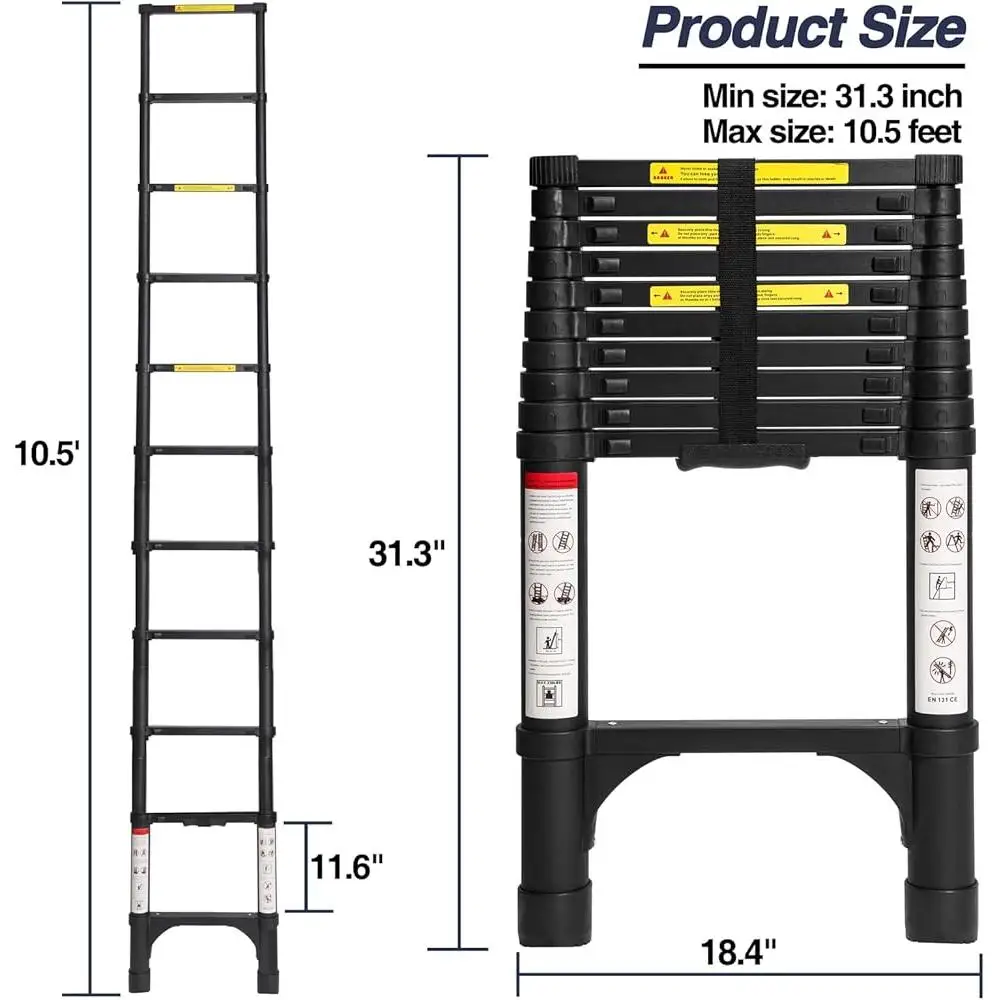 Durable 10.5FT Aluminum Telescoping Ladder Lightweight Collapsible Multi-Purpose Extension Ladder with Triangle Stabilizers