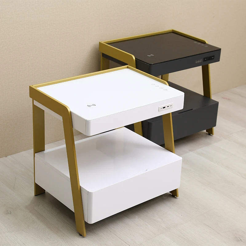 

Glass Small Modern Coffee End Bed Smart Side Bedside Table Nightstand with Light Wireless Charging Speaker for Bed Rooms Bedroom