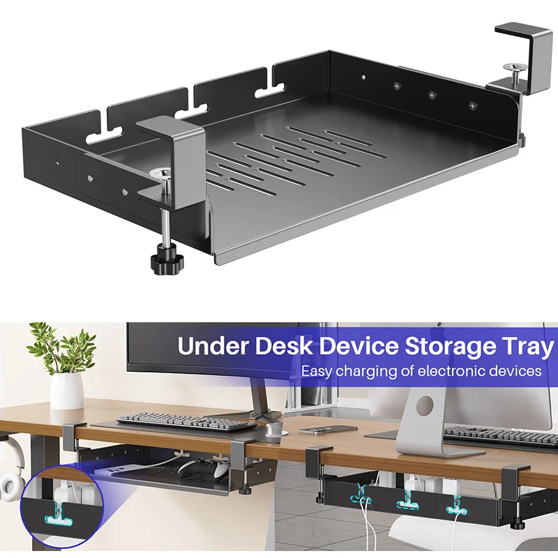 

No Drill Under Desk Laptop Mount Metal Storage Tray with Cable Management Space Saving Multipurpose Household Hanging Organizer