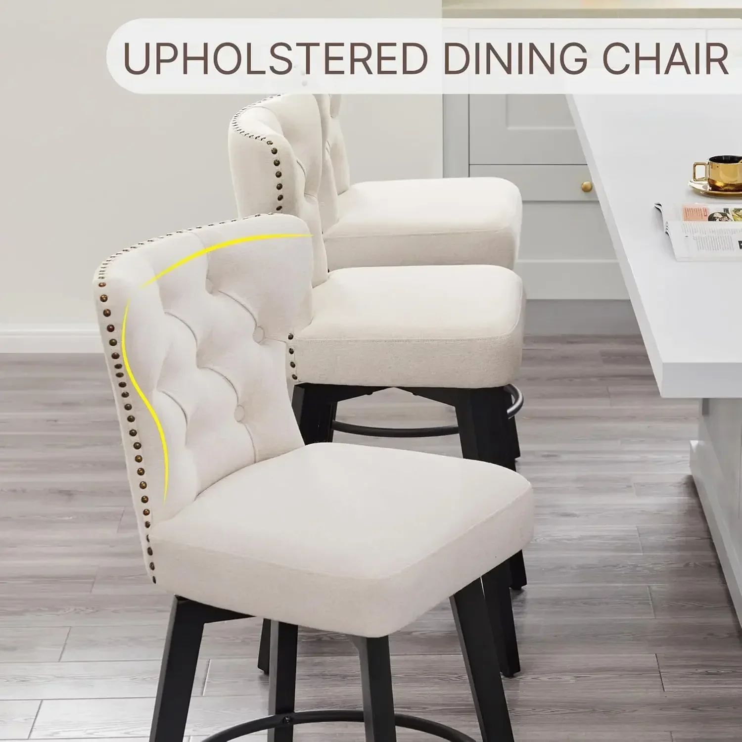 [عرض لفترة محدودة، اشترِ الآن! ]مقاعد مرتفعة للبار مقاس 26 بوصة منجدة بأزرار معنقدة ومقاعد دوارة مع ظهر للمطبخ