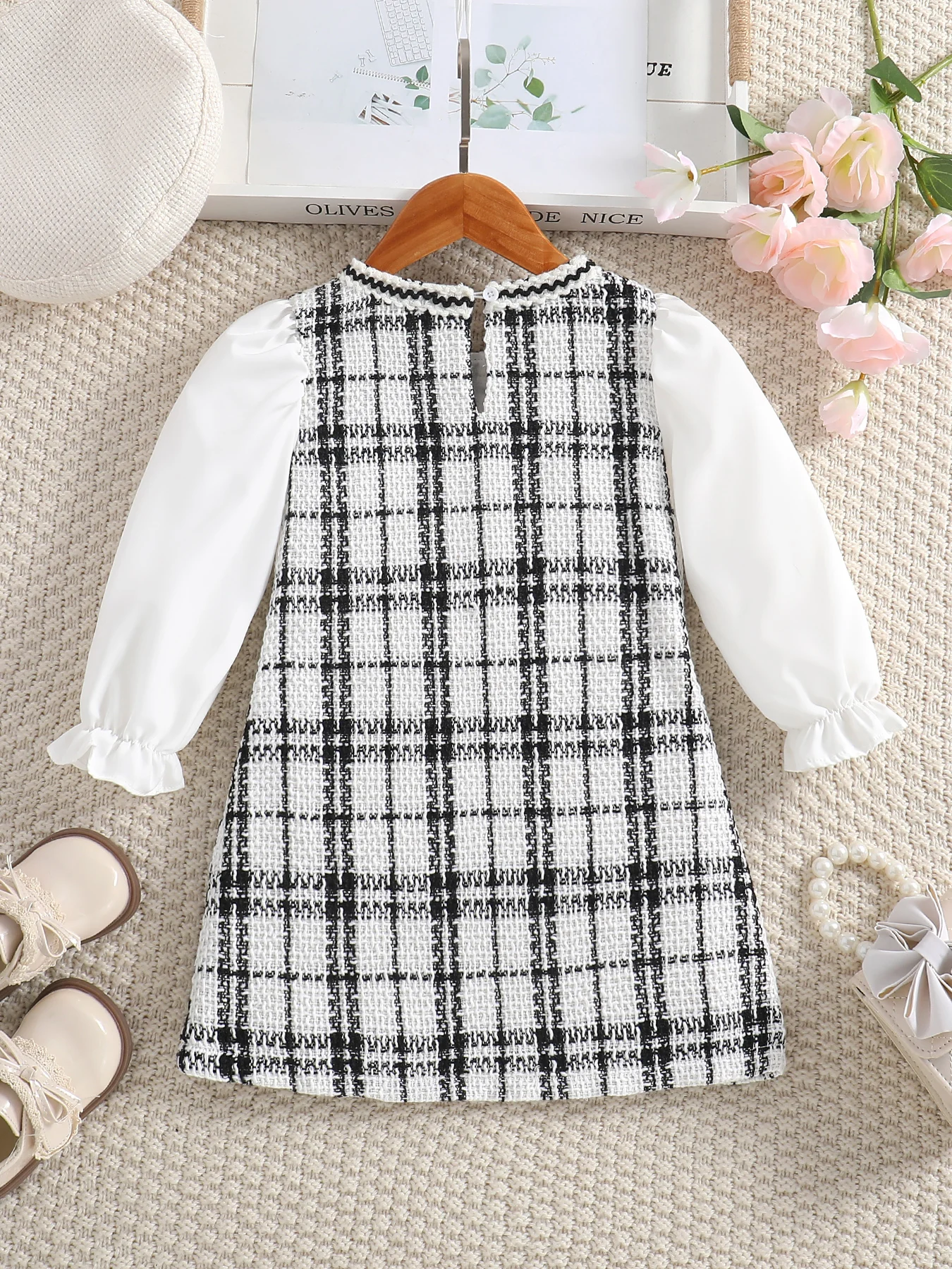 Girls\' dress autumn checkered pattern patchwork dress fashionable sweet girl elegant style children\'s clothing