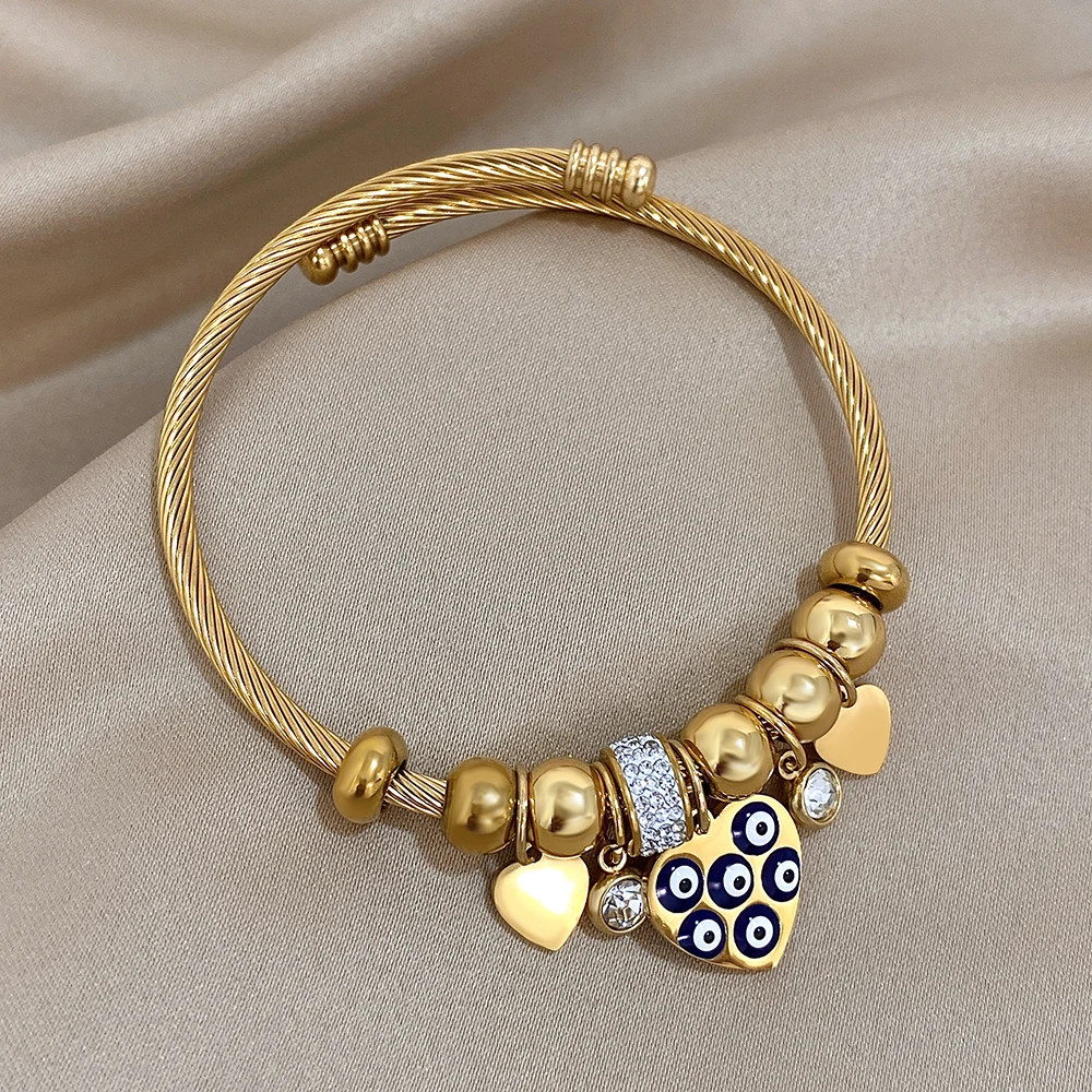 1pc Gold Color Evil Eyes Love Heart Blue Rhinestone Beads Charm Fit Bracelet for Women Men Beaded Jewelry DIY Making Jewelry image 2