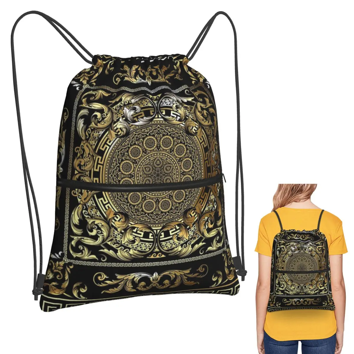 

Greek Keys Ornate Floral Baroque Gold Backpacks Multi-function Drawstring Bundle Pocket Sport Bag Book Bags for Man Woman School