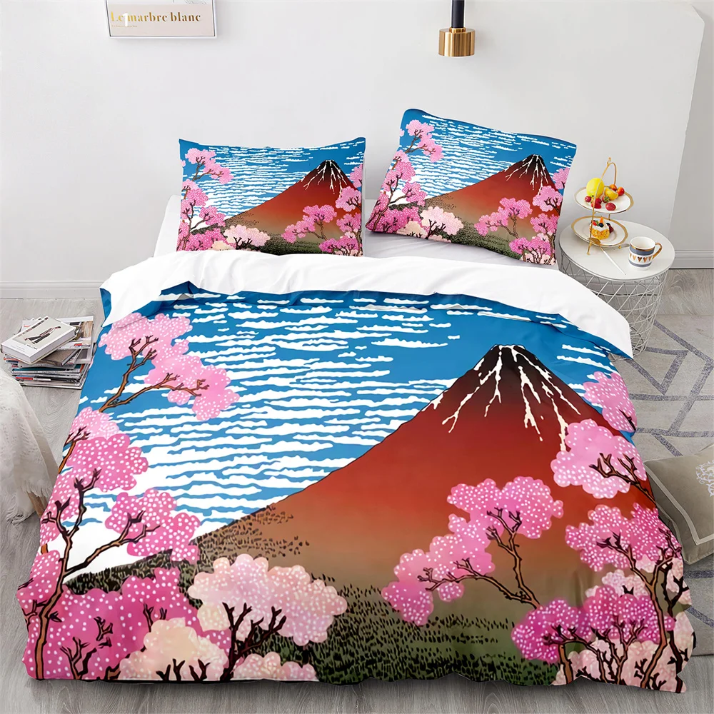 

Ukiyo-e Japanese Style Duvet Cover Set Polyester Bedding Set Cherry Blossoms Snow Mountain Comforter Cover King Queen Full Size