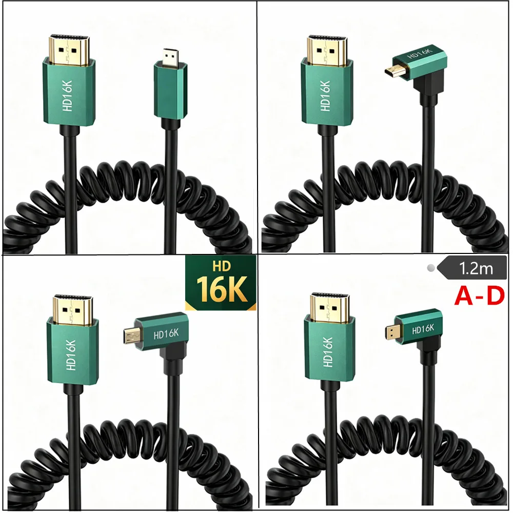 16K MicroHDMI Coiled Spring Cable 1.2m HDMI Male Female to Micro HDMI Male Gold Plated for DV Camera Capture Card A to D