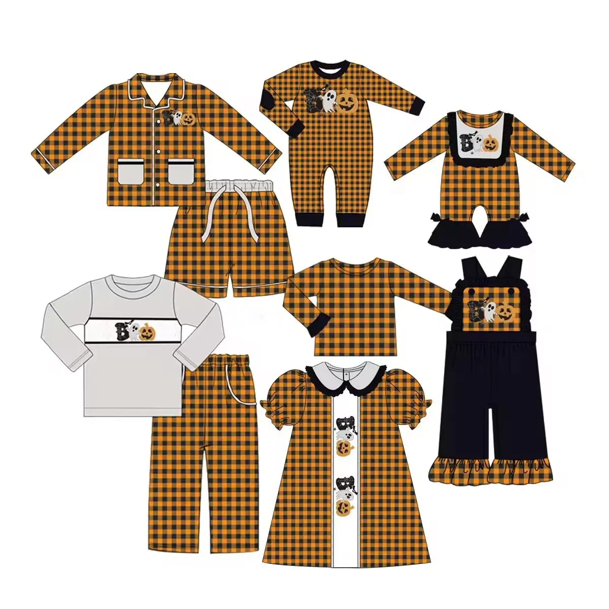 New Design Halloween Matching Suit Orange Black Plaid Print Costume Long Sleeve Suit Puff Sleeve Dress