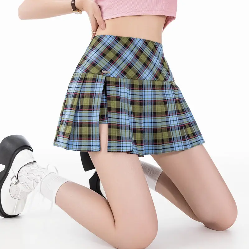 Клетчатая мини-юбка контрастных цветов плиссированная юбка с высокой талией Y2K, американская винтажная Милая Короткая Женская юбка в стиле Харадзюку в стиле преппи