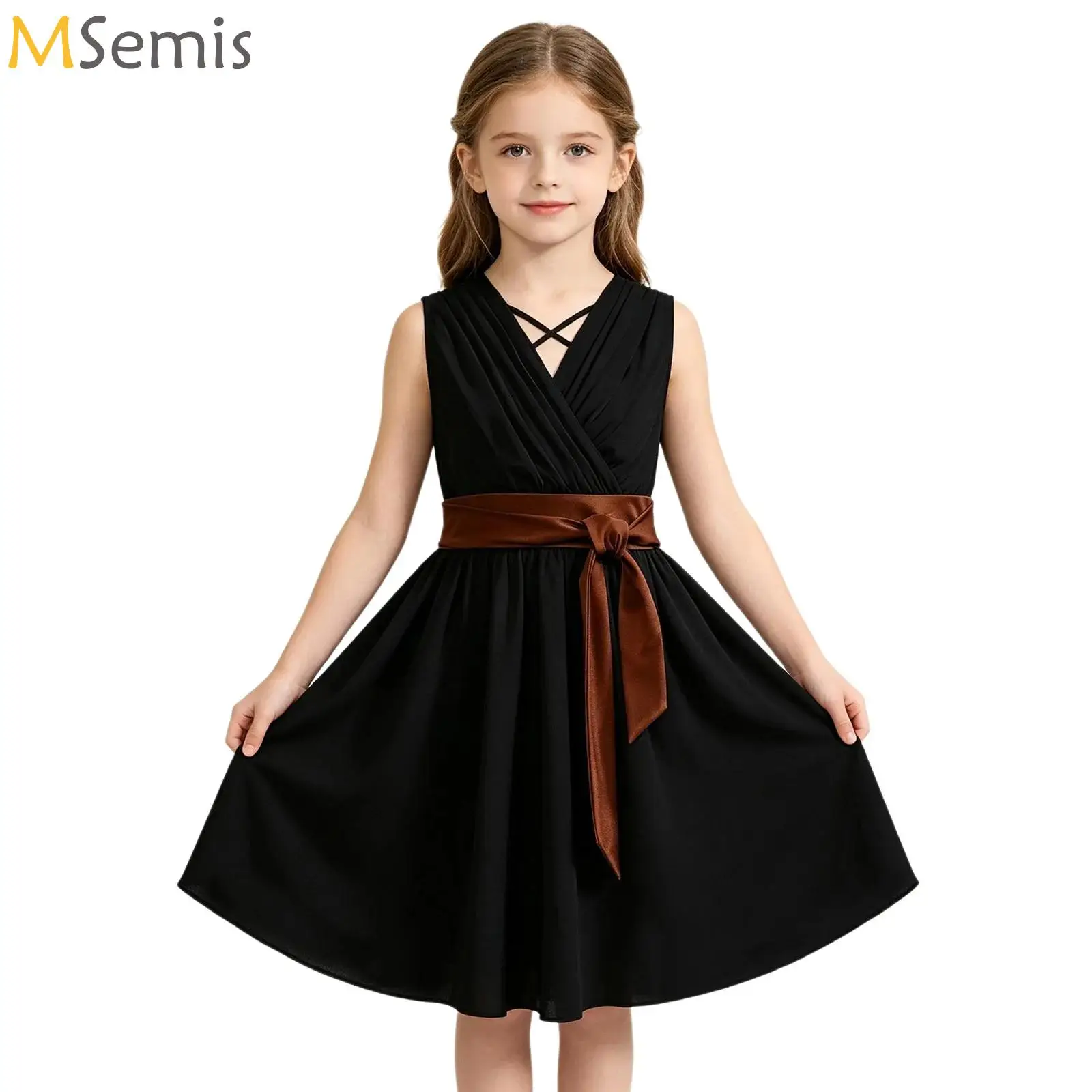 Professional Modern Lyrical Dance Wear for Kids Girls Sleeveless Back Zipper Pleated Dress with Sash Little Adventures Costume