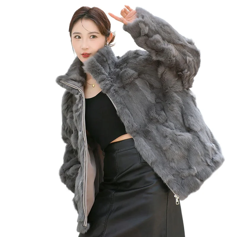 2024 Winter New Rabbit Fur Coat Women's Fur One Piece stand collar Rabbit Fur Fashion Thickened  Coat