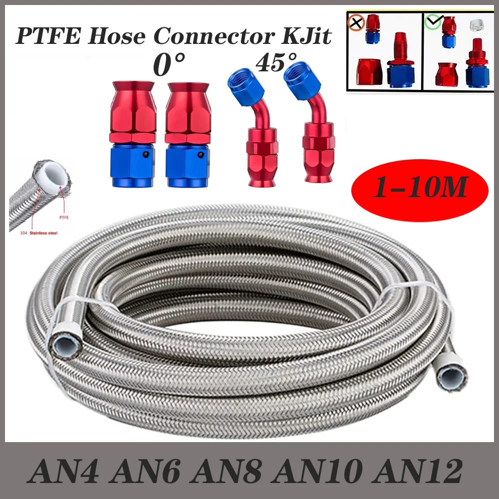 

1-10M AN4-AN12 E85 Stainless Steel PTFE Fuel Hose Oil Gas Cooler Line Pipe Tube 2x0° 2x45° Swivel Hose End Fittings Adaptor