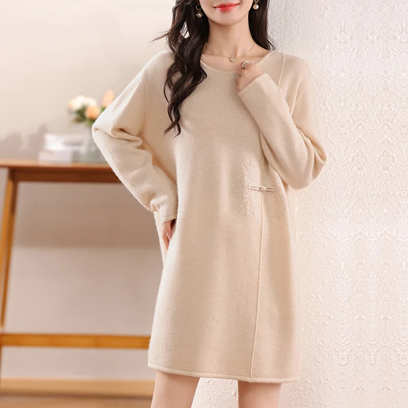 estidos de fiestas elegantes mujer  2024 Winter 100% Wool Knitting Casual Women\'s Dresses Women Clothing Long Sleeve Loose Dress