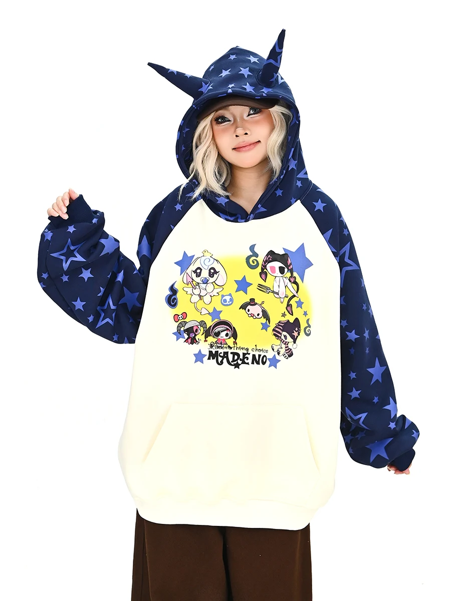 

Женская толстовка с дьявольскими рожками Color Blo, свободный крой, весна 2026, модная уличная одежда, с длинными рукавами, круглым вырезом, свитшот