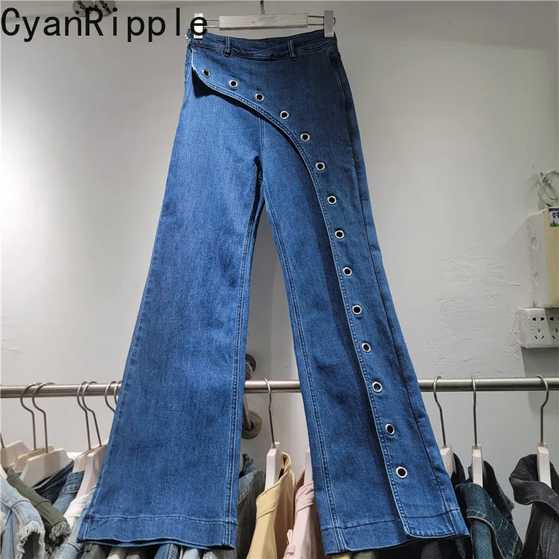 American Retro Slant Lapel Button Placket Spring Autumn Women Denim Trousers Blue High Waist Wide Leg Casual Straight Jeans