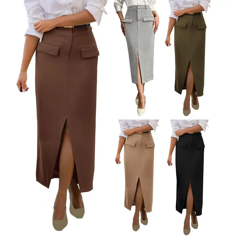 Elegant Khaki Women's Skirt Fashion High Waisted Ankle-Length Skirts Casual Straight Solid Skirt Female Clothing Casual Skirt