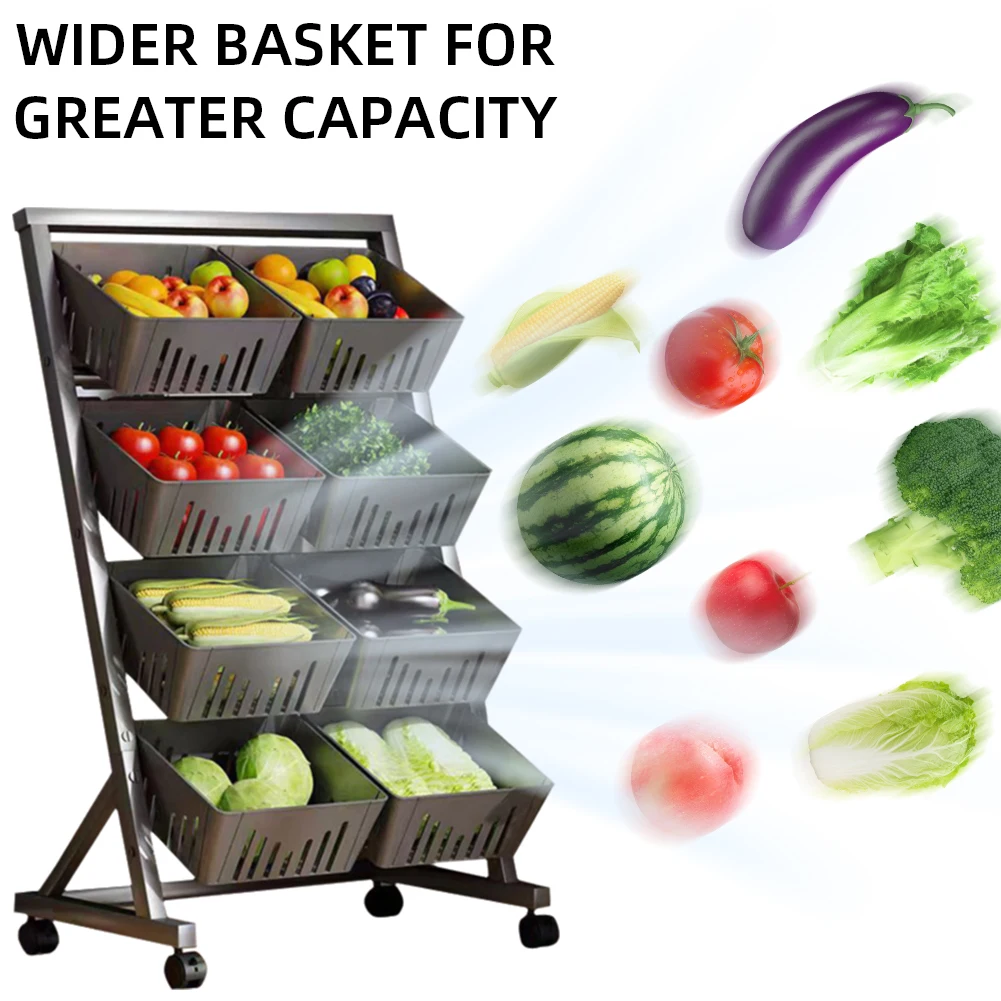 

4-Tier Fruit and Vegetable Basket with Rolling Wheels Vegetable Storage Rack W/Rolling Wheels for Pantry Bathroom Laundry Room