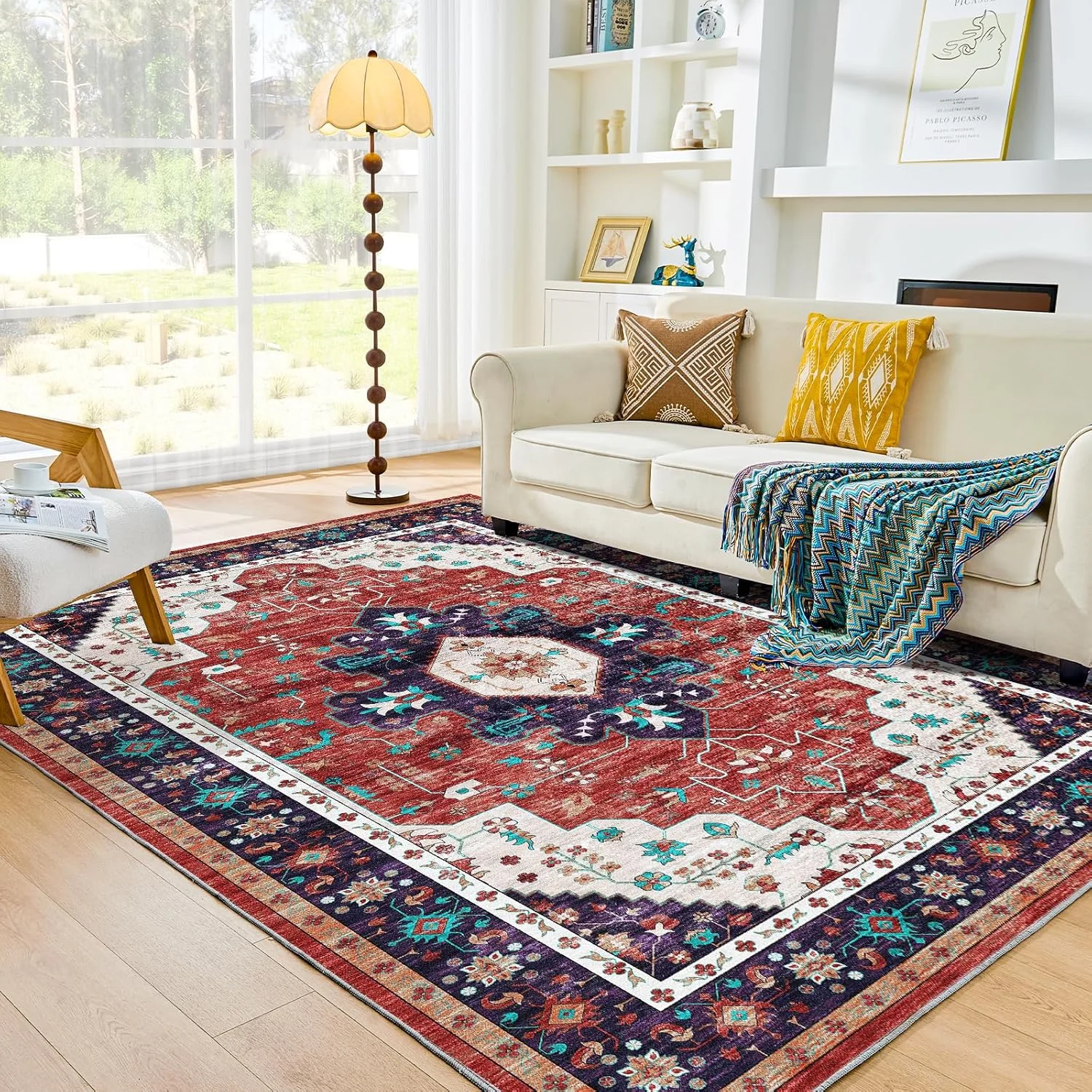 

Modern Floral Area Rug - Washable Rug Non-Slip Colorful Vintage Accent Distressed Throw Rugs Floor Carpet for Living Room Bedr
