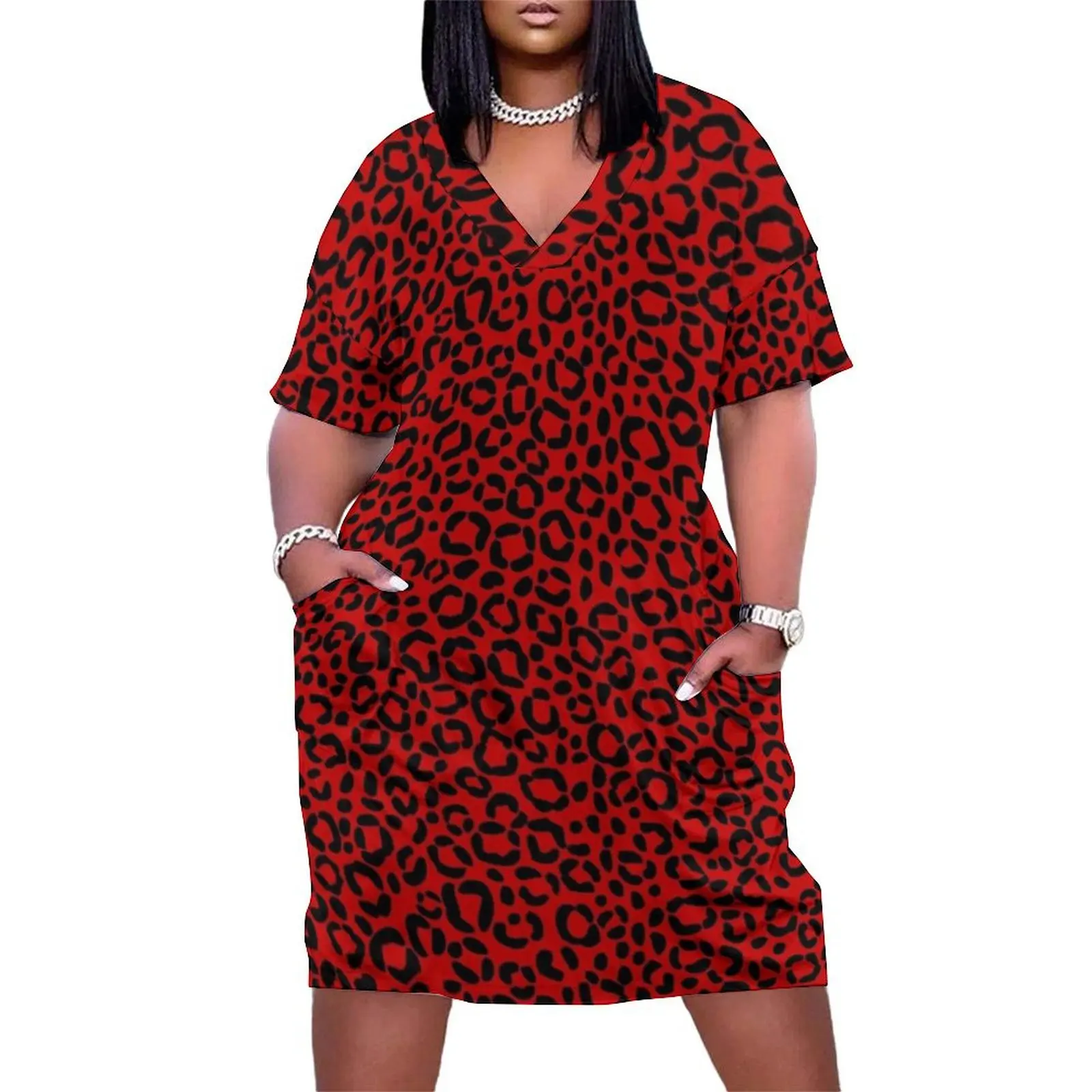

Sassy Red and Black Leopard Print Pattern Design Loose Pocket Dress Evening gown summer dresses ladies 2025