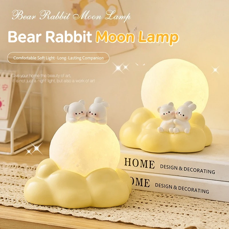 Bear & Rabbit Moon Night Light Cute Resin Cloud Base LED Lamp Warm Light Tabletop Decorative Light for Bedroom, Kids Room & Gift