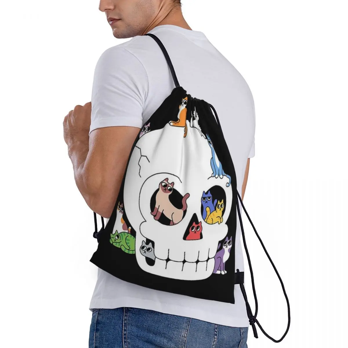 Custom Pattern Logo Drawstring Bag Skull Is Full Of Cats Travel Backpack Student Storage Bag School Bag  ꦫ