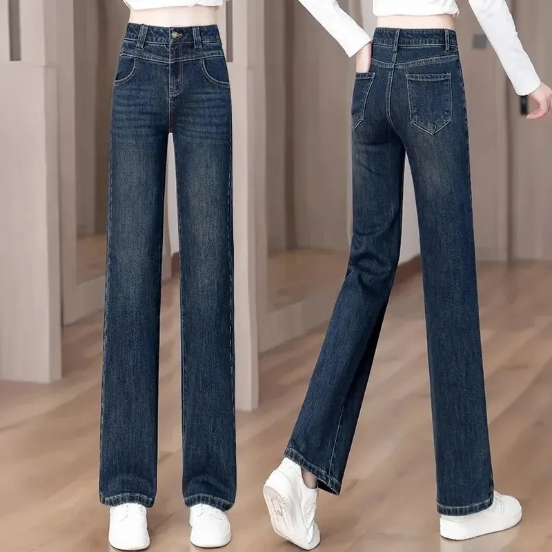 Moda retro jeans estreitos feminino nova cintura alta calças de cowboy primavera outono novo casual em linha reta perna larga denim calças femininas