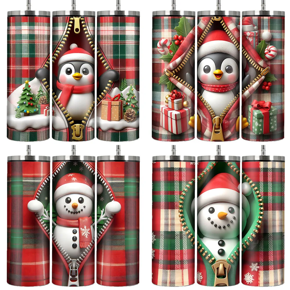 20oz Party Mug Straw Lid Stainless Steel Large Capacity Cups Hot Cold Print 3D Penguin Snowman Bottle Xmas Party Home Supplies