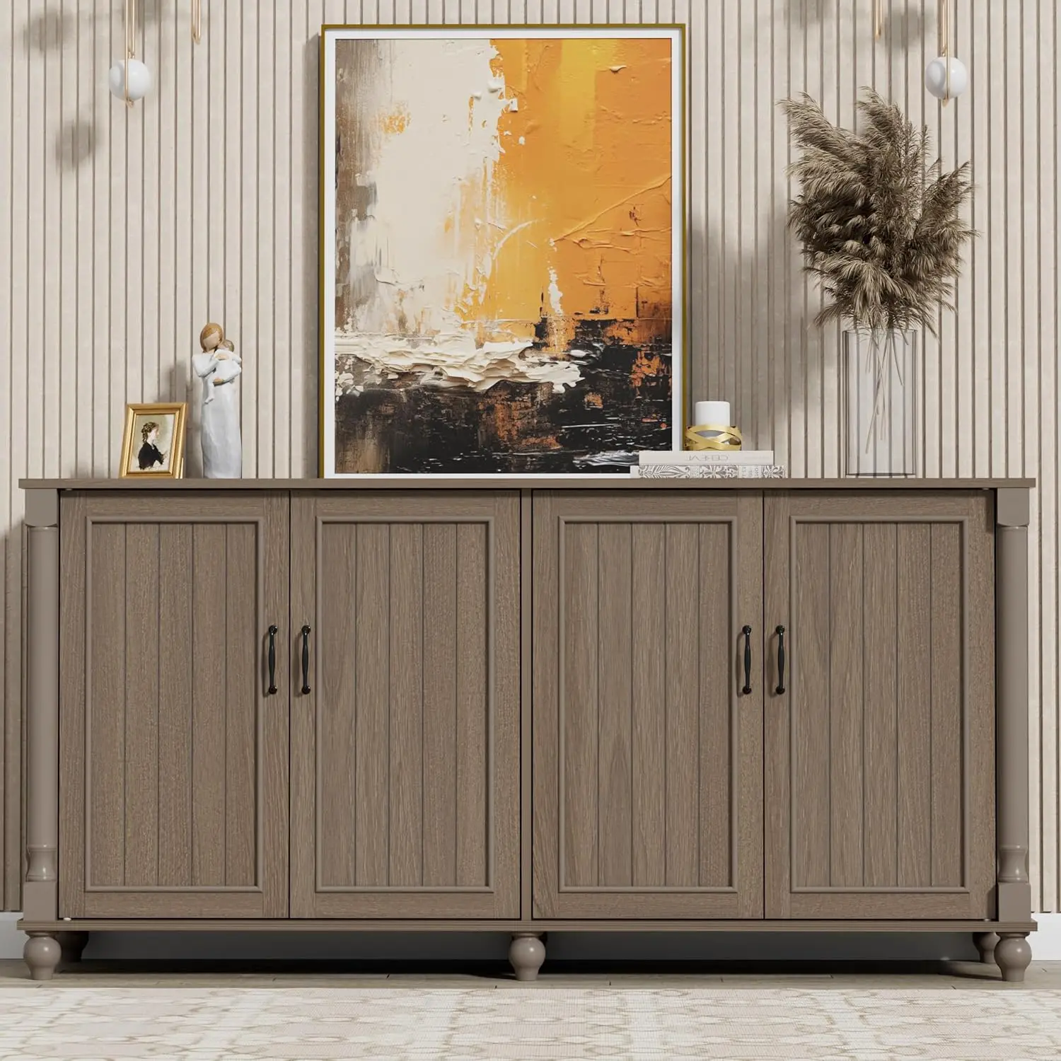 62인치 브라운 커피 바 캐비닛(수납장 포함), 주방, 식당, 거실용 4도어 사이드보드