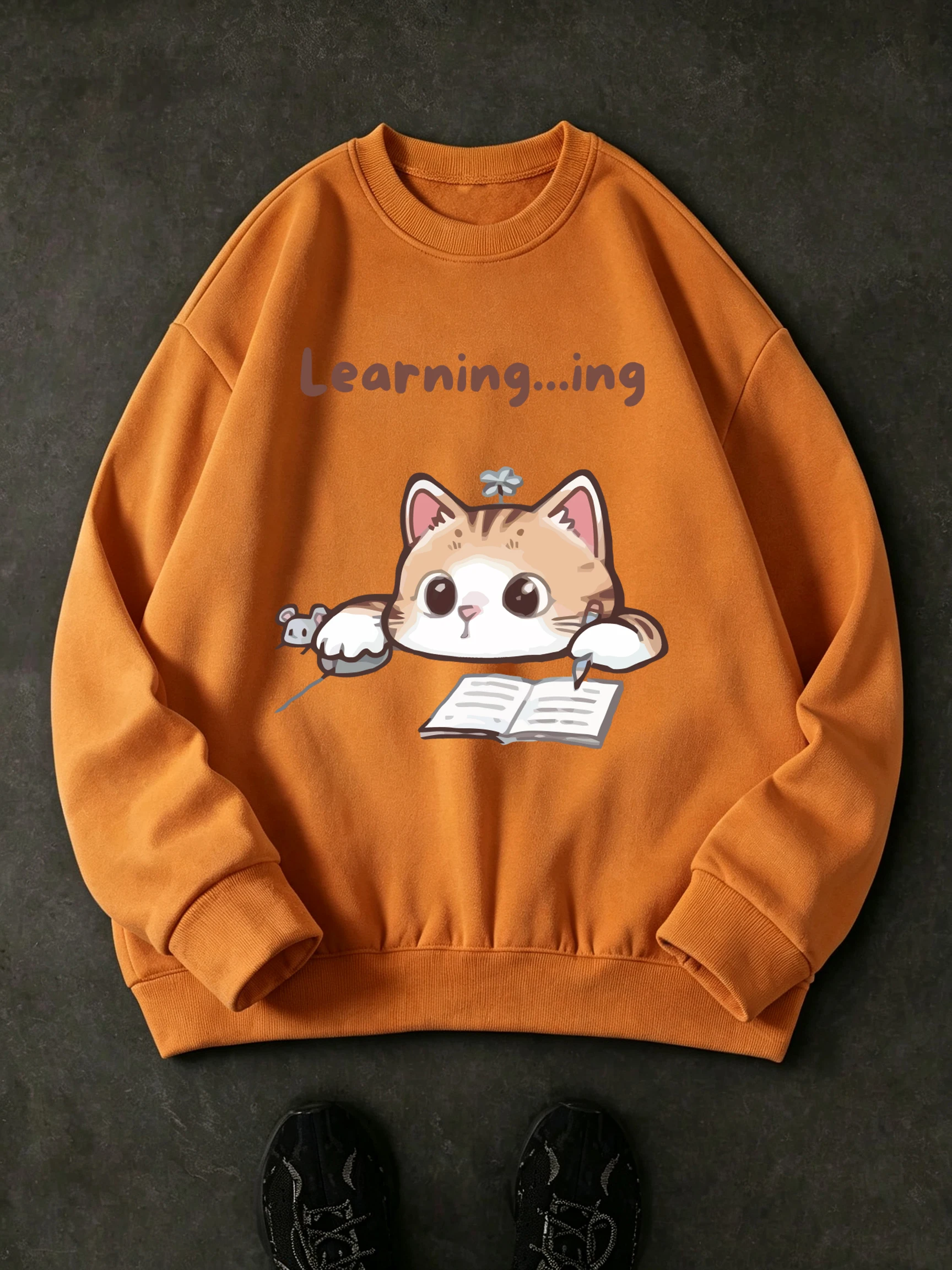 Lazy Studying Cat Creative Pattern Men Sweatshirt Fashion Fleece Pullover Retro Casual Long Sleeve O-Neck Loose Basics Clothes