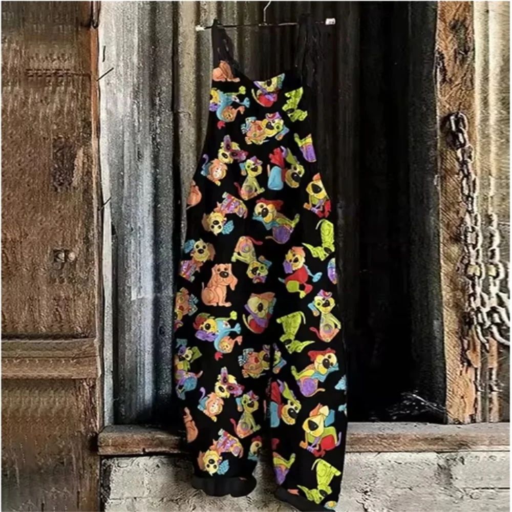 2025 Summer Women's Daily Breathable One-Piece Pants, 3D Pink Dog Print, Fashionable and Cute Loose One-Piece Pants