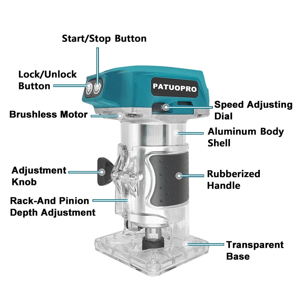PATUOPRO pemangkas listrik nirkabel, Router kayu 6/6.35/8mm ukiran pekerjaan kayu 30000RPM kecepatan untuk baterai Makita 18V
