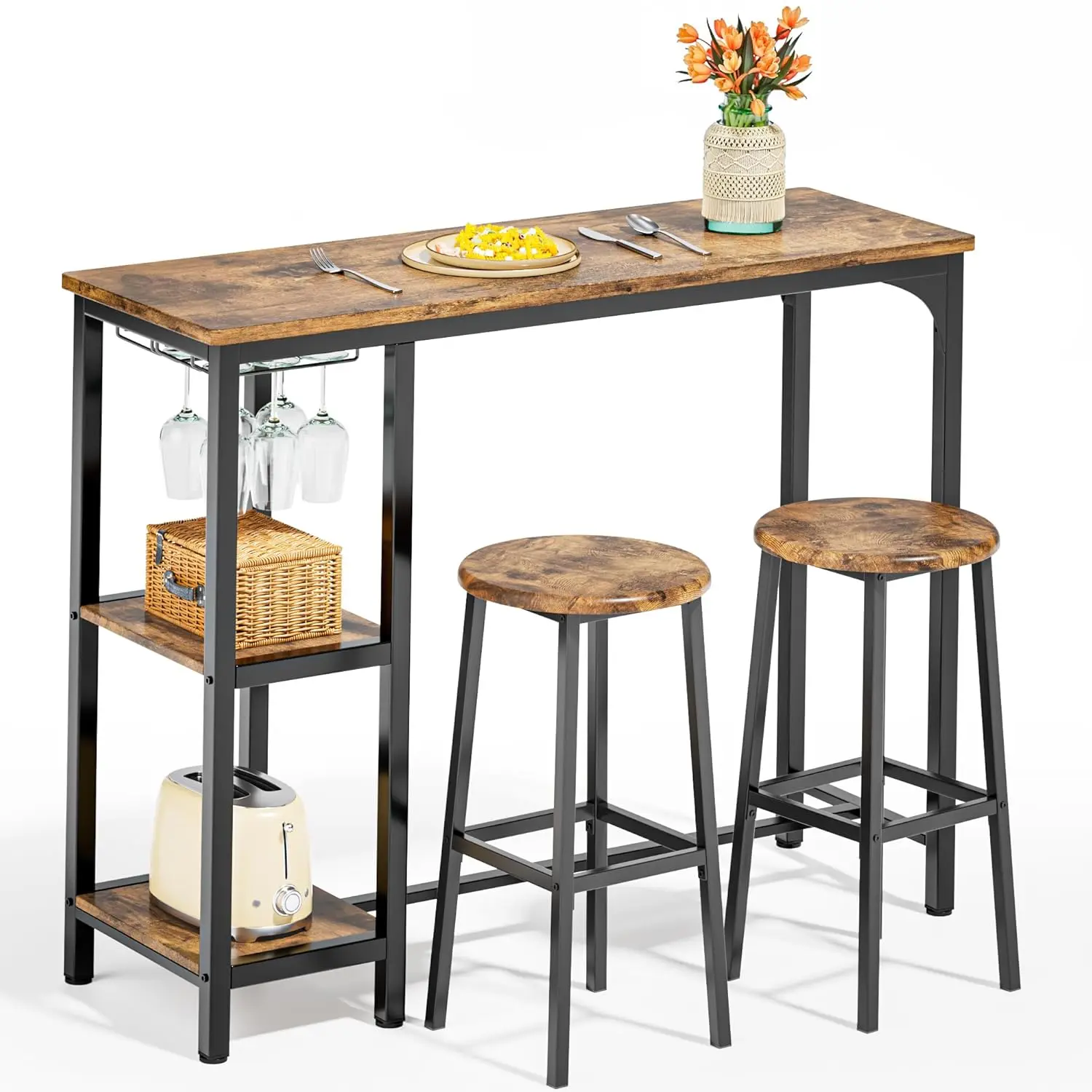 3-Piece Bar Table Set for 2, Bar Height Table with Stools & 2 Storage Shelves, Small Bar Table Set with Glass Rack,, Customized
