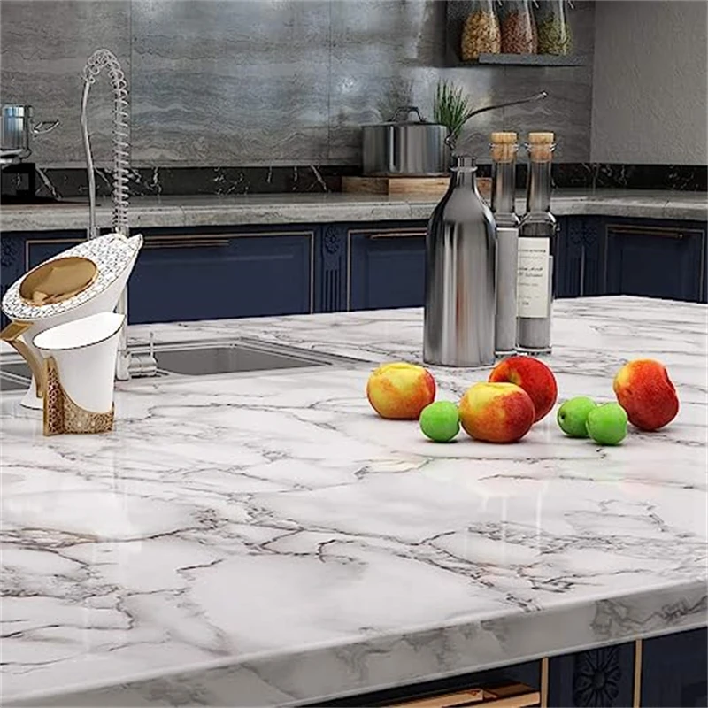 White Marble Wallpaper Self-Adhesive Easily Removable Waterproof Countertop Contact Paper for Cabinets Drawers Kitchen