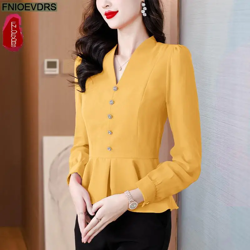 Office Shirts Basic Wear New Design Women 2024 Autumn Spring Work Lady V Neck Long Sleeve Black Purple Ruffles Peplum Top Shirt