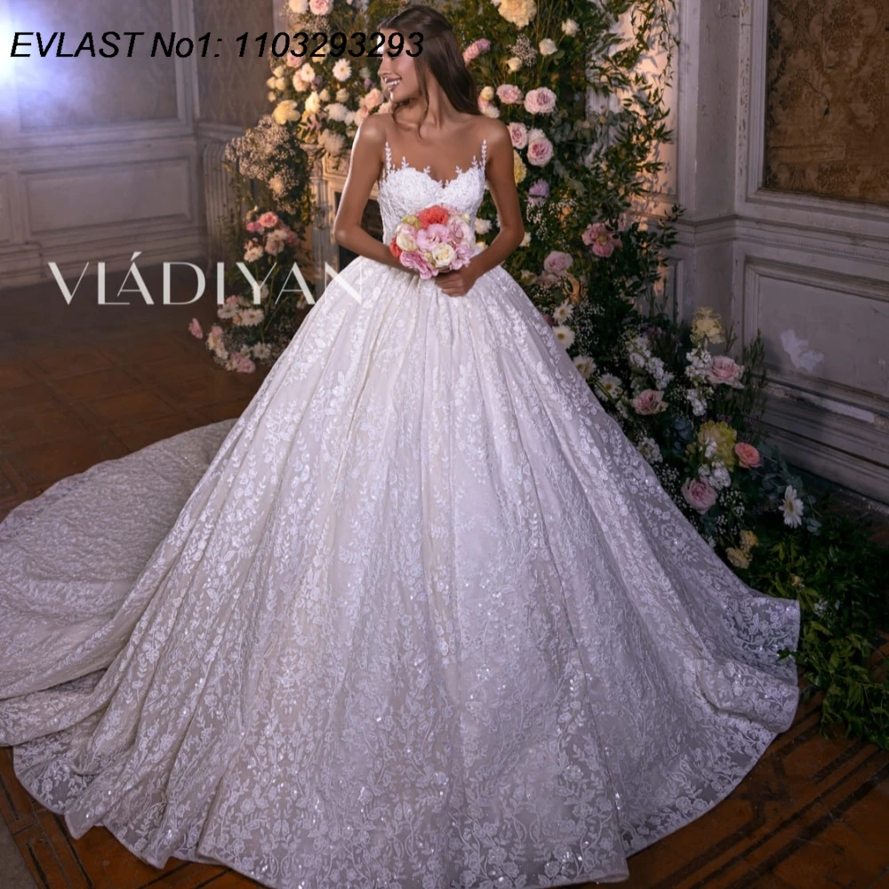 

EVLAST Customized Vintage A Line Wedding Dress Sheer Lace Applique Beaded Crystal Bridal Gown Robe De Mariee Vestidos TBD157
